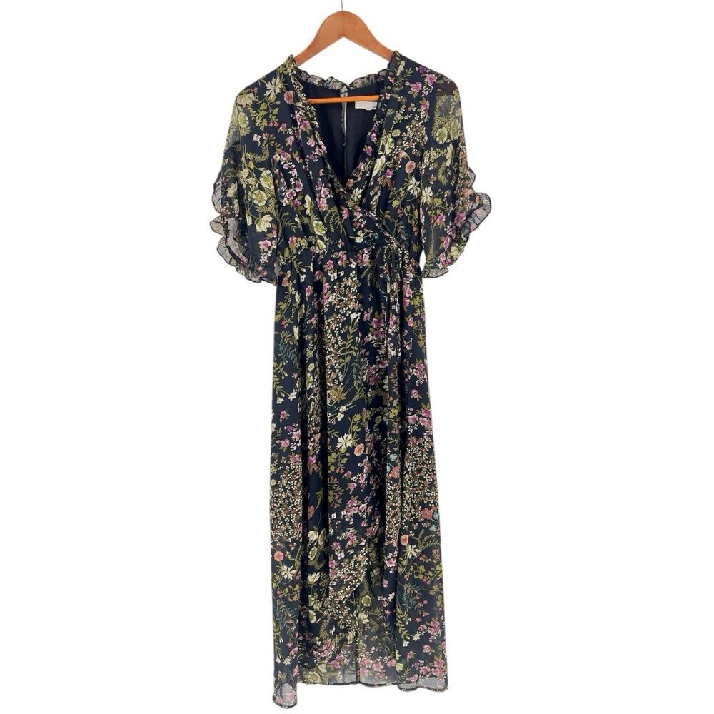 JUNE & HUDSON Women's Black Floral Faux Wrap Half Sleeve Dress Medium - Picture 1 of 8